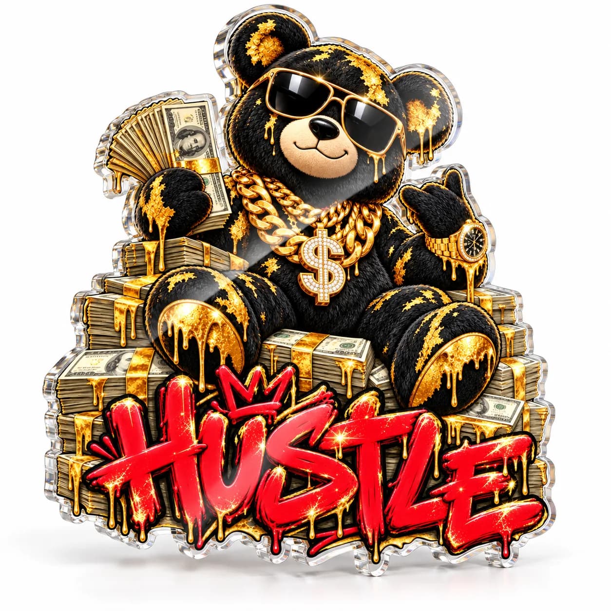 Ursuleț „HUSTLE” – tablou plexiglas pop-art decupat pe contur
