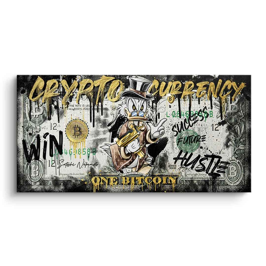 Tablou canvas rață cu monede bitcoin aurii – decor birou modern