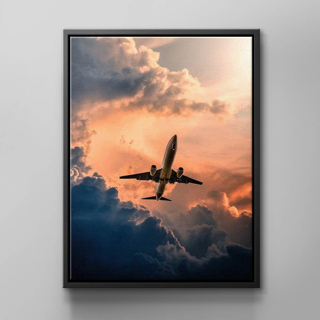 Tablou canvas avion pe cer roșu la apus – decor living modern