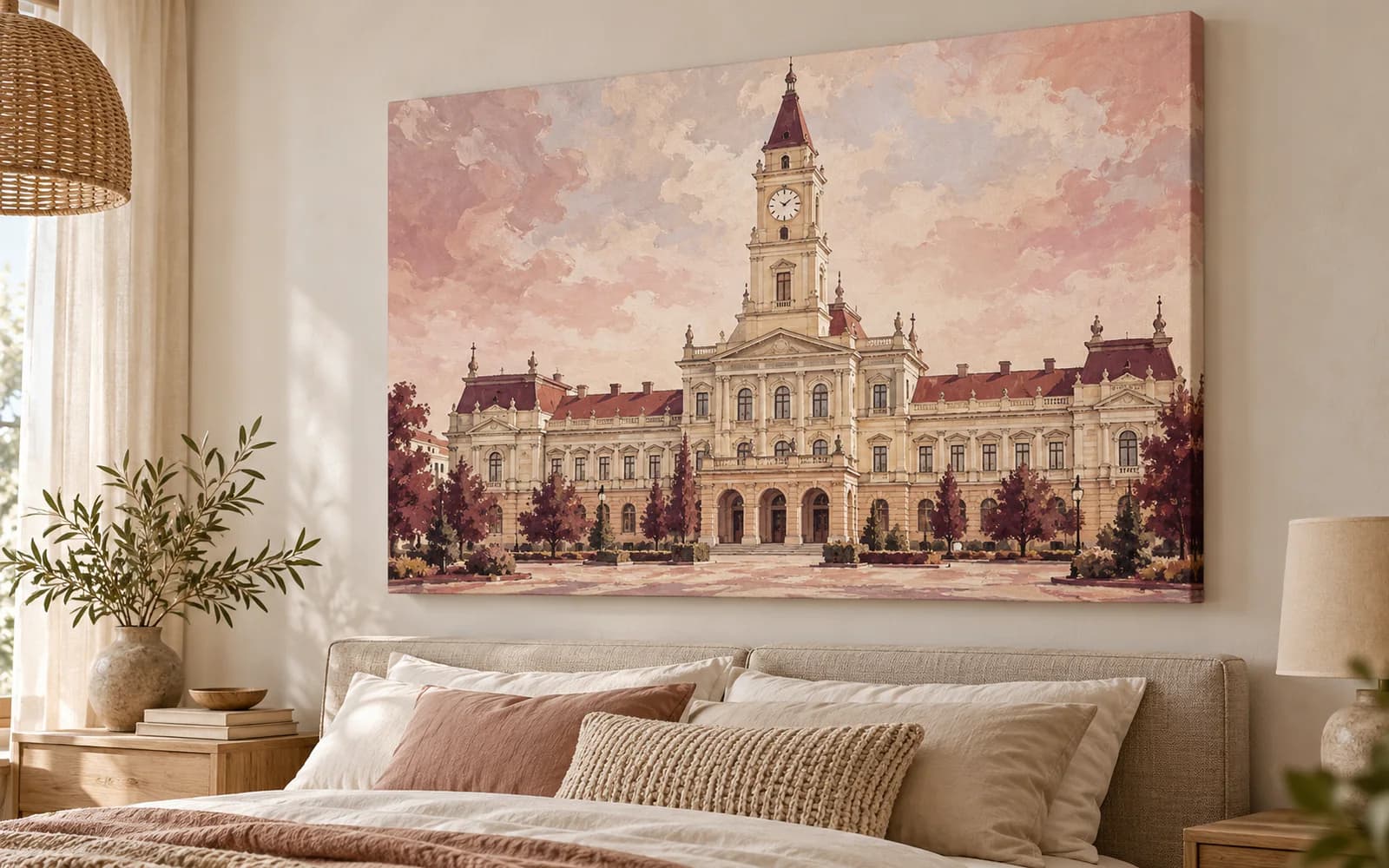 Tablou canvas cu ilustrația reperului Palatul Administrativ, într-un dormitor luminos.