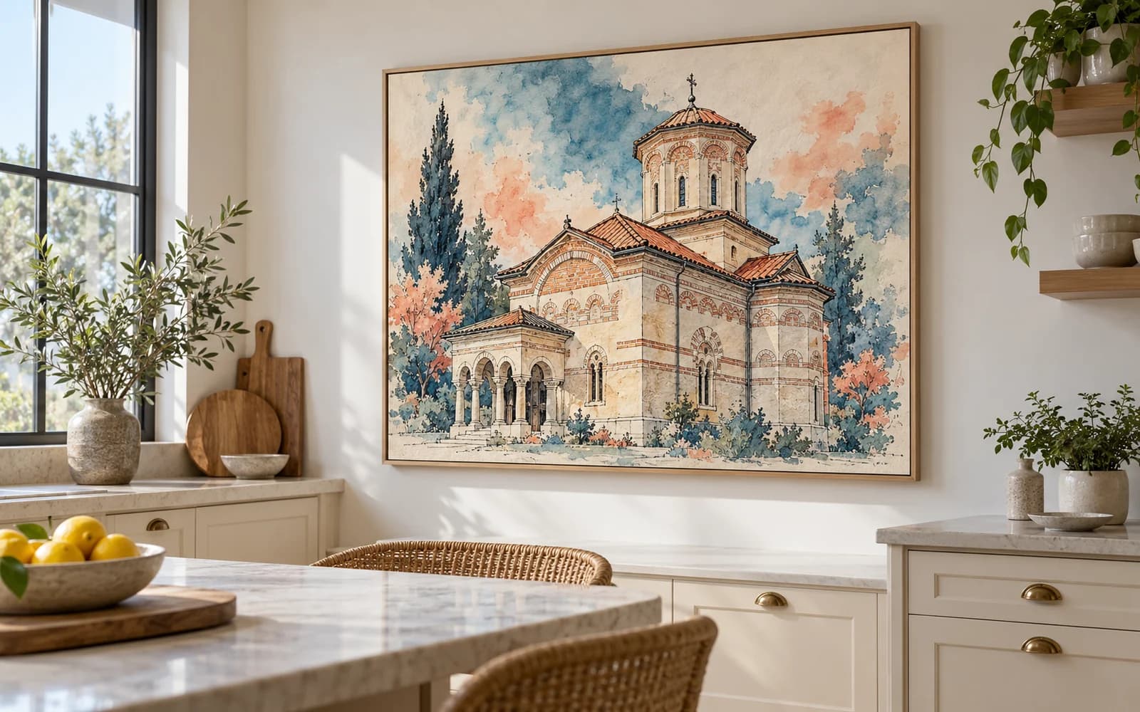 Decor de perete cu ilustrația reperului Biserica Domnească Sfântul Gheorghe, într-o bucătărie modernă.