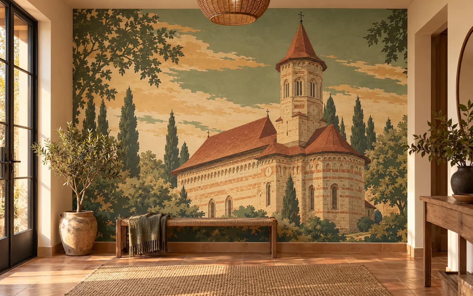 Fototapet cu ilustrația reperului Biserica Precista, într-un hol în tonuri teracotă.
