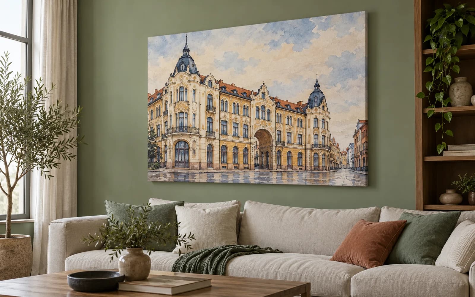 Tablou canvas cu ilustrația reperului Palatul Vulturul Negru, într-un living în tonuri verzi.