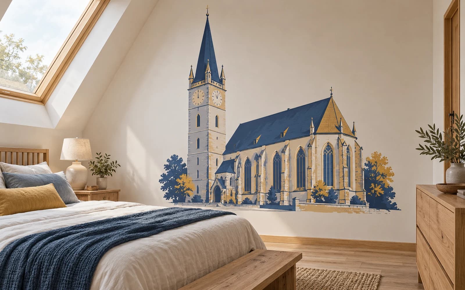 Decor de perete cu ilustrația reperului Biserica Evanghelică, într-un dormitor cu mobilier din lemn.