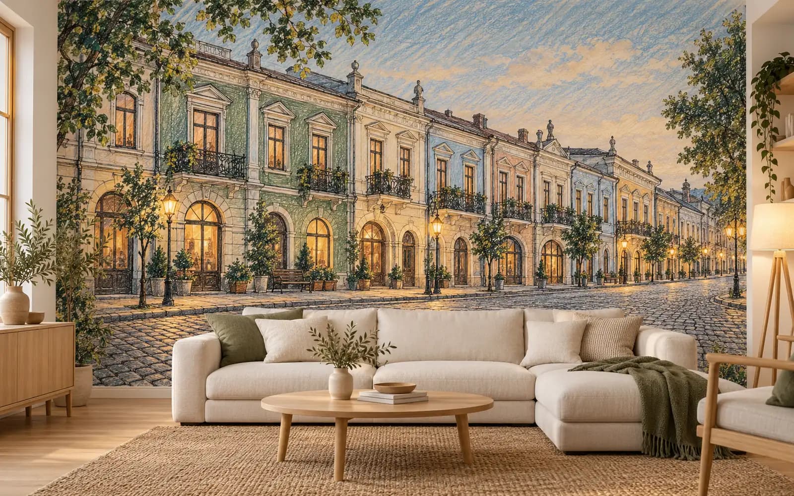 Fototapet cu ilustrația reperului Centrul Vechi, într-un living luminos.