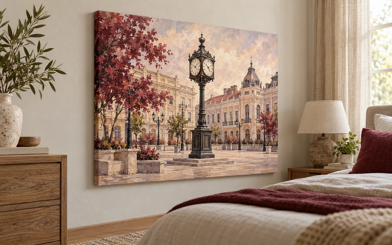 Tablou canvas cu ilustrația reperului Ceasul din Piața Traian, într-un dormitor luminos.