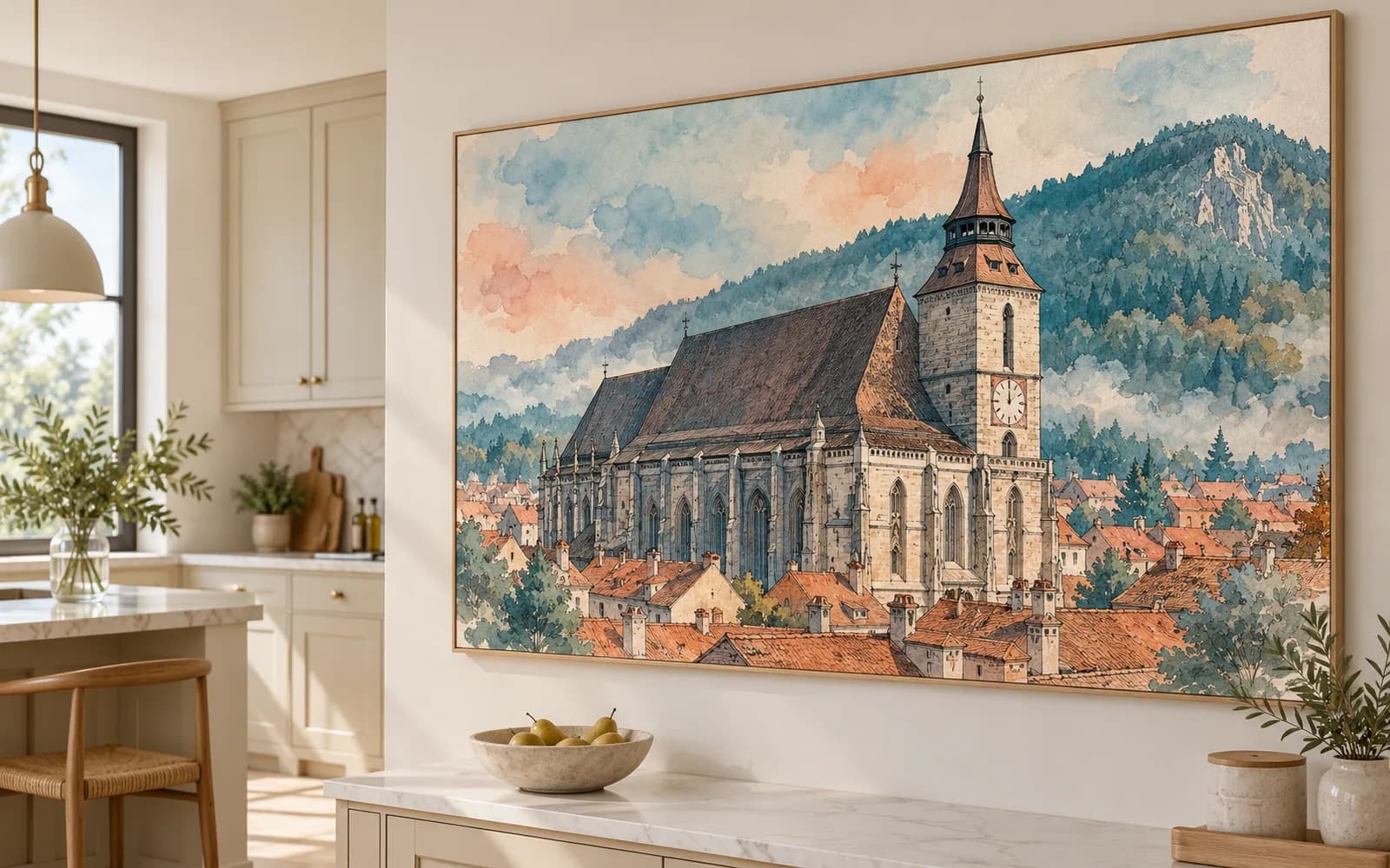 Decor de perete cu ilustrația reperului Biserica Neagră și Tâmpa, într-o bucătărie modernă.