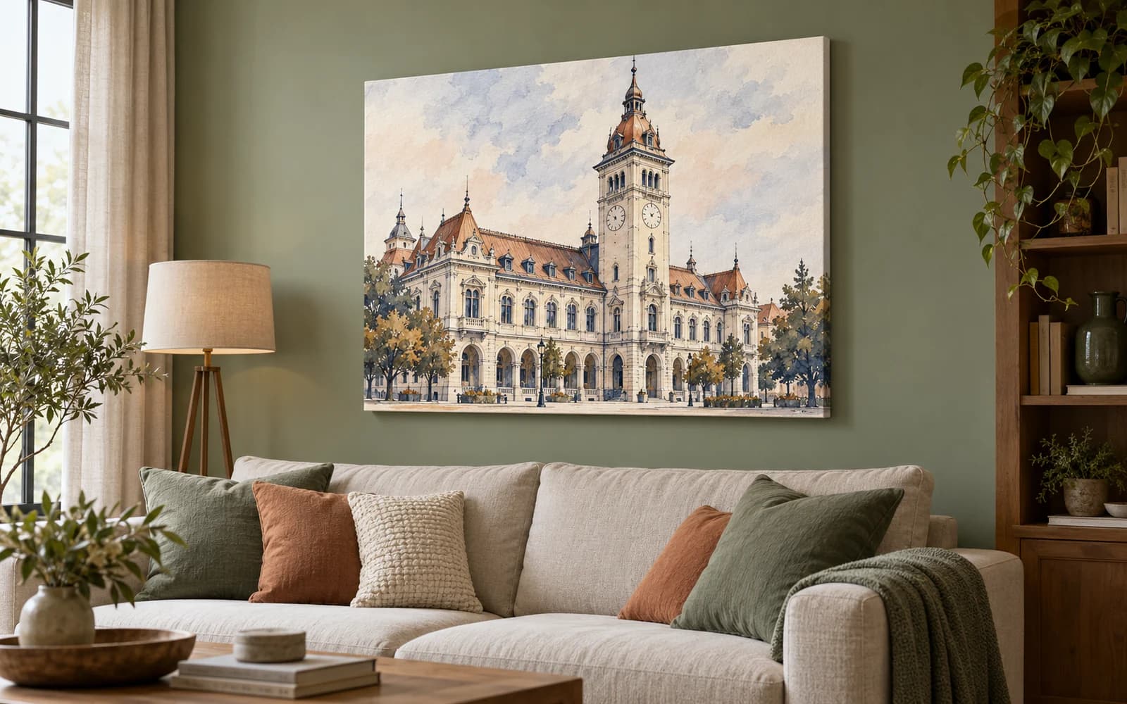 Tablou canvas cu ilustrația reperului Palatul Comunal, într-un living în tonuri verzi.