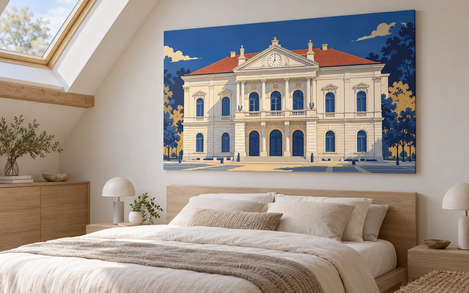 Decor de perete cu ilustrația reperului Muzeul Municipal, într-un dormitor cu mobilier din lemn.