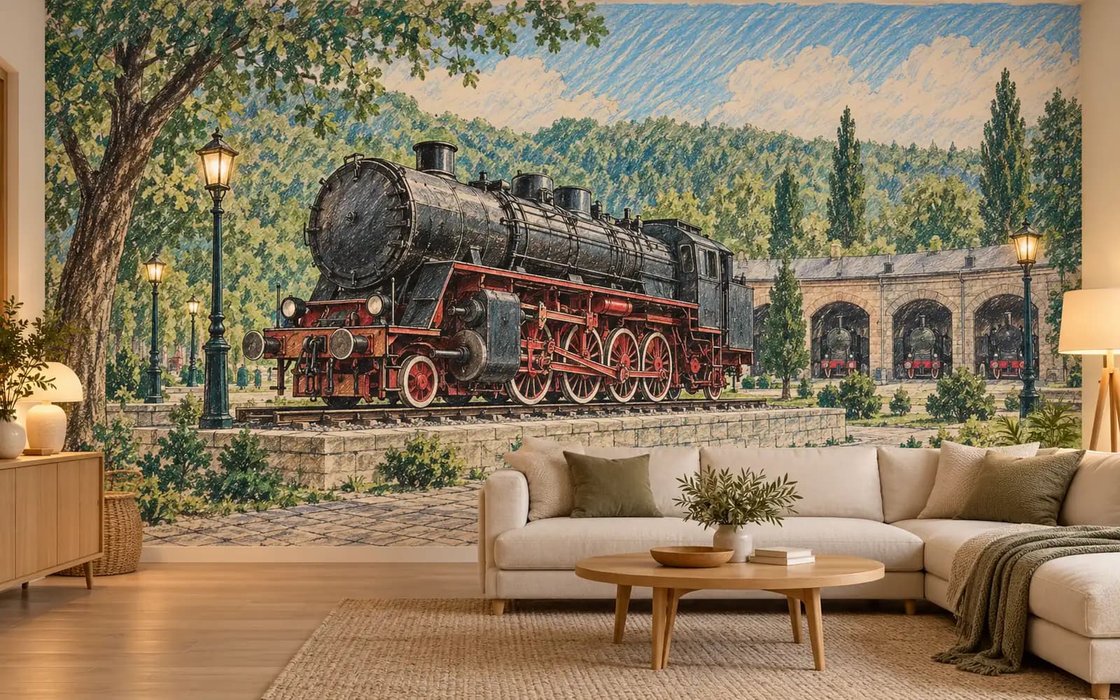 Fototapet cu ilustrația reperului Muzeul Locomotivelor cu Abur, într-un living luminos.