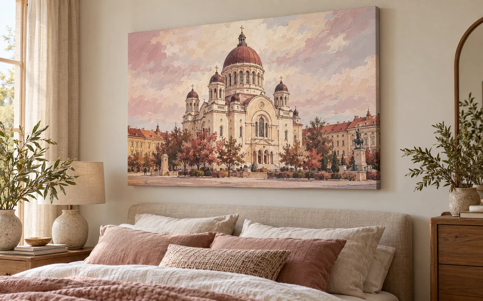 Tablou canvas cu ilustrația reperului Catedrala Ortodoxă și centrul Clujului, într-un dormitor luminos.