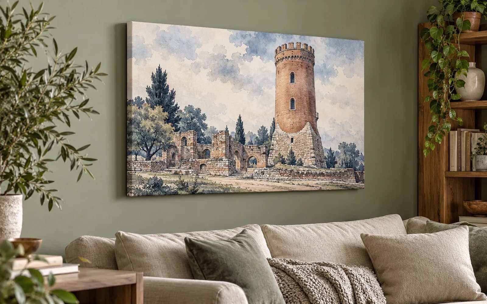 Tablou canvas cu ilustrația reperului Turnul Chindiei, într-un living în tonuri verzi.
