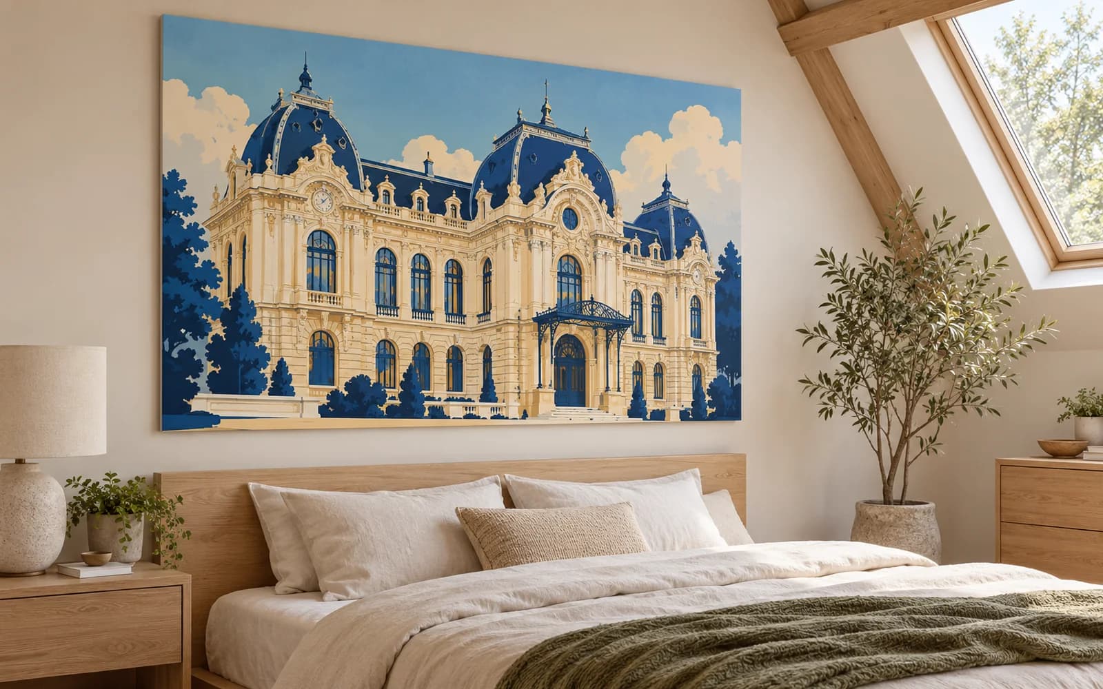 Decor de perete cu ilustrația reperului Palatul Jean Mihail, într-un dormitor cu mobilier din lemn.