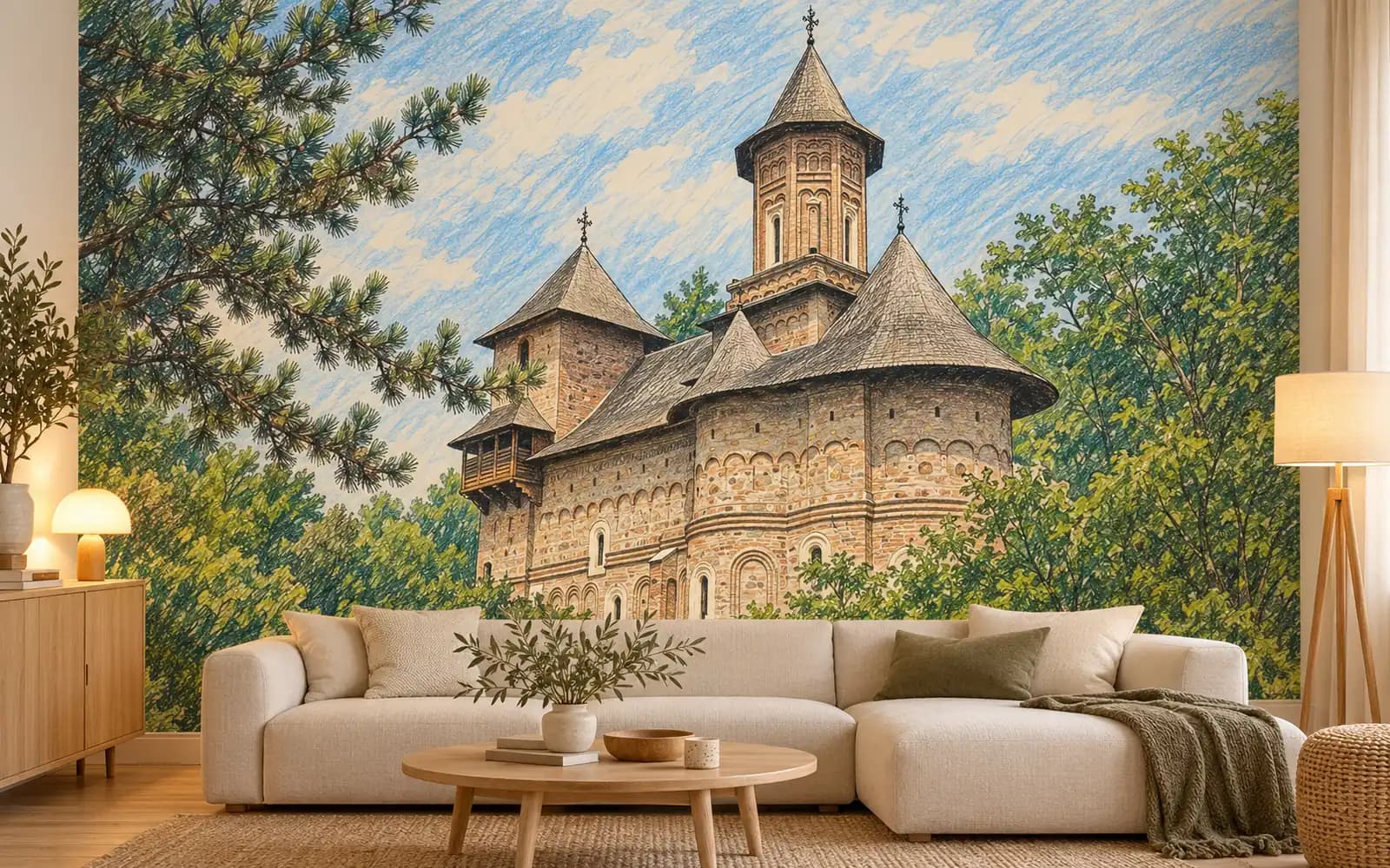 Fototapet cu ilustrația reperului Biserica Fortificată Precista, într-un living luminos.