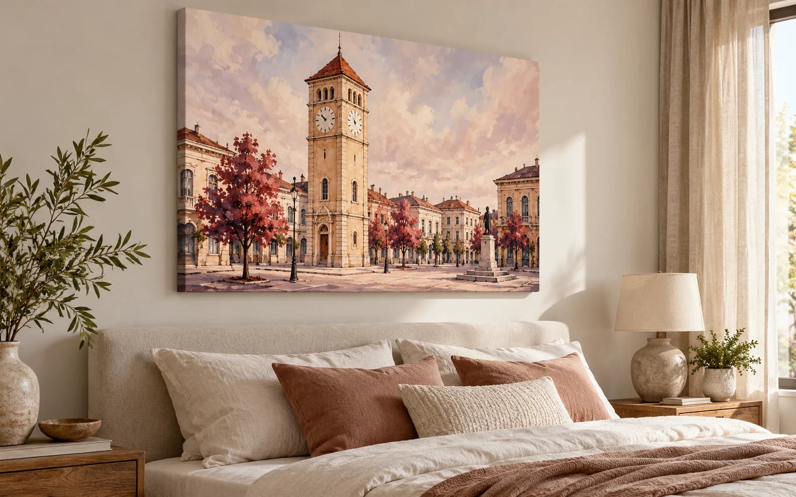 Tablou canvas cu ilustrația reperului Turnul Ceasornicului, într-un dormitor luminos.