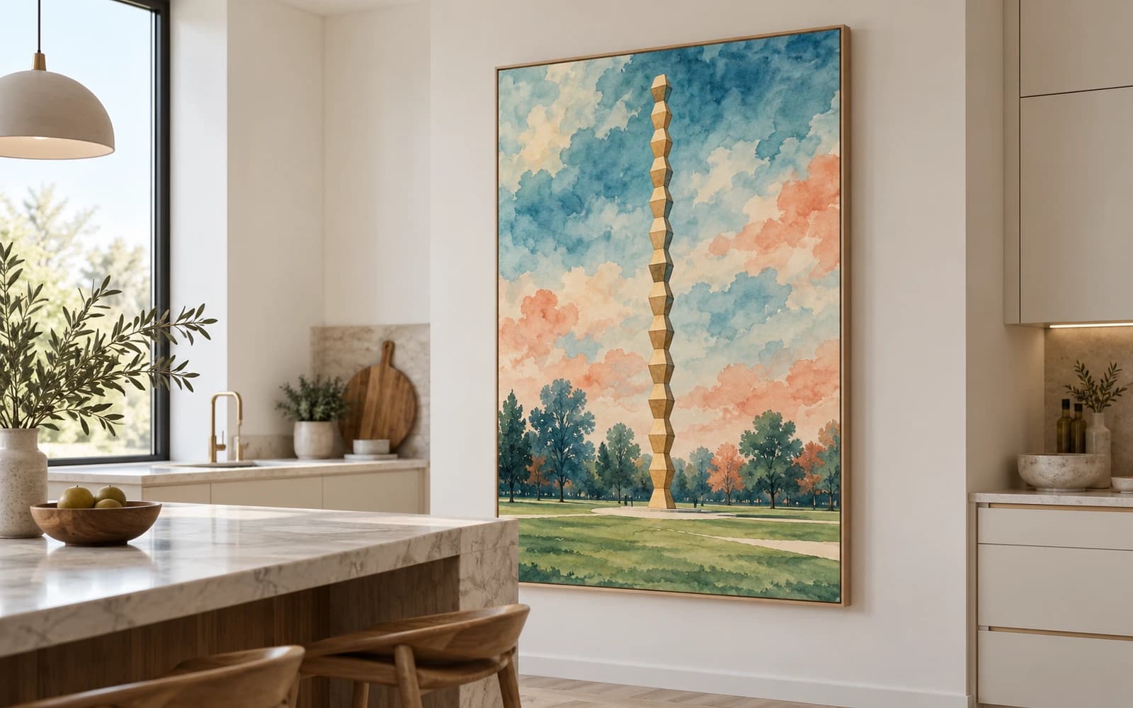 Decor de perete cu ilustrația reperului Coloana fără Sfârșit, într-o bucătărie modernă.