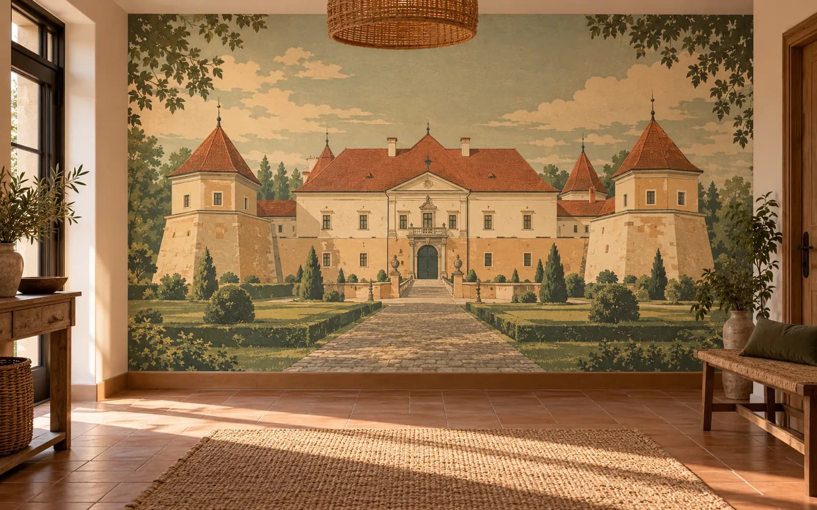 Fototapet cu ilustrația reperului Castelul Mikó, într-un hol în tonuri teracotă.