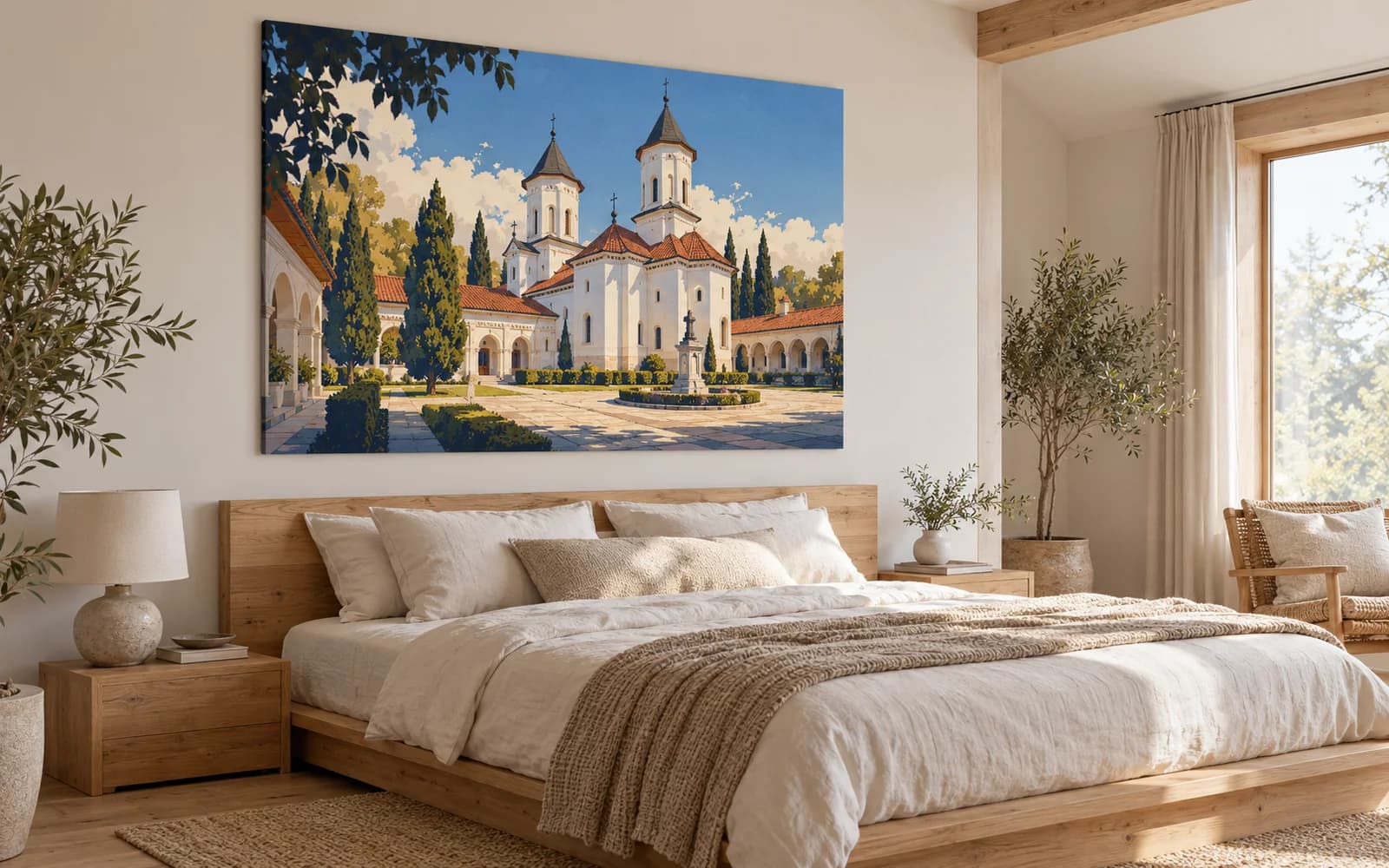 Decor de perete cu ilustrația reperului Mănăstirea Sfinții Voievozi, într-un dormitor cu mobilier din lemn.