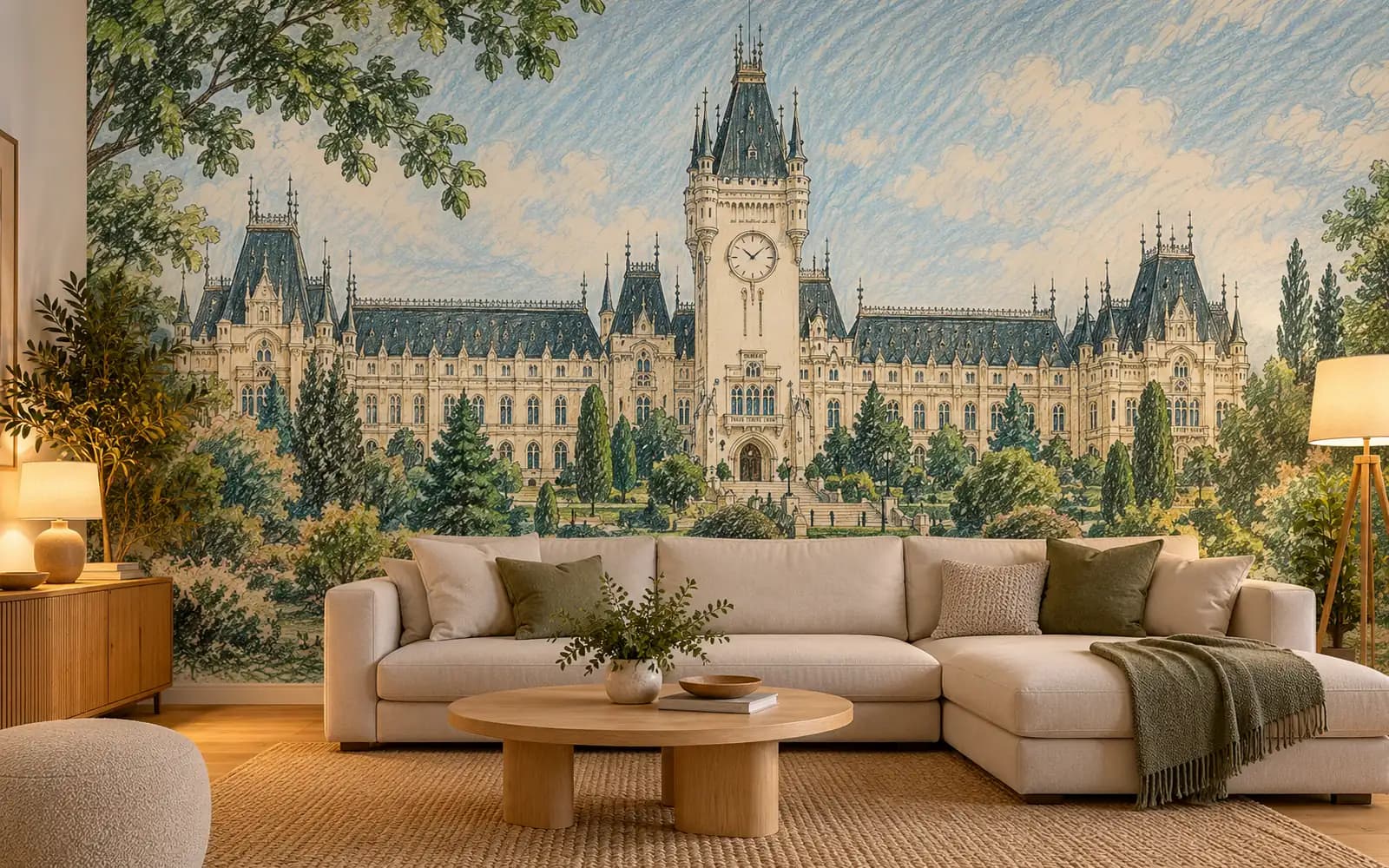 Fototapet cu ilustrația reperului Palatul Culturii, într-un living luminos.