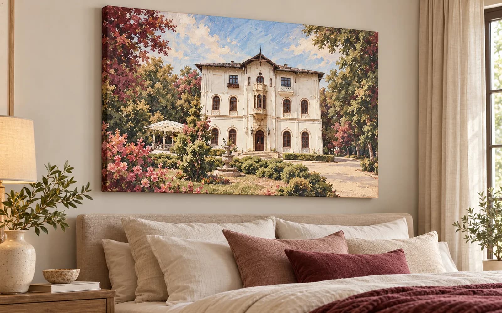 Tablou canvas cu ilustrația reperului Palatul Știrbey din Buftea, într-un dormitor luminos.