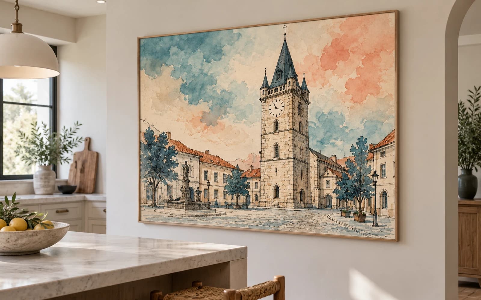 Decor de perete cu ilustrația reperului Turnul Ștefan, într-o bucătărie modernă.