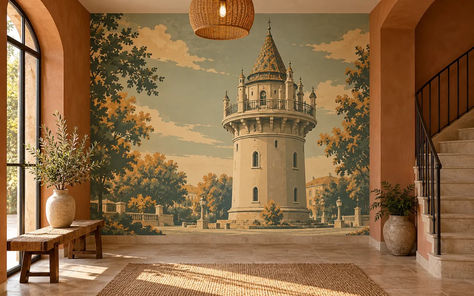 Fototapet cu ilustrația reperului Castelul de Apă, într-un hol în tonuri teracotă.