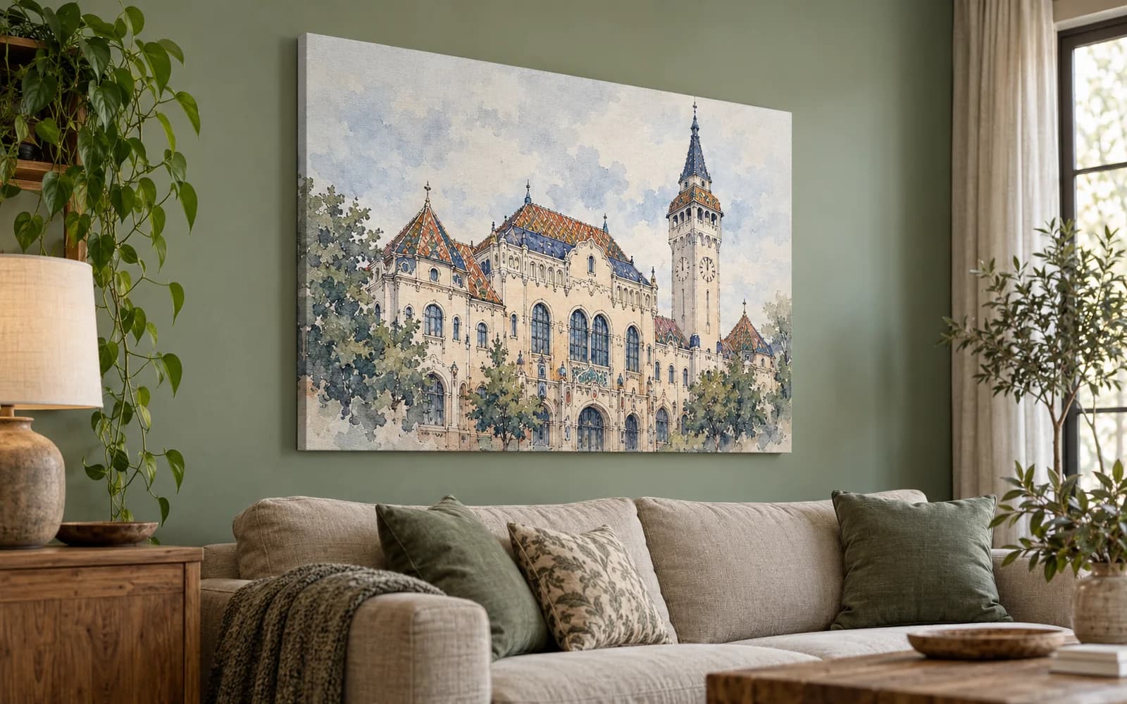 Tablou canvas cu ilustrația reperului Palatul Culturii, într-un living în tonuri verzi.