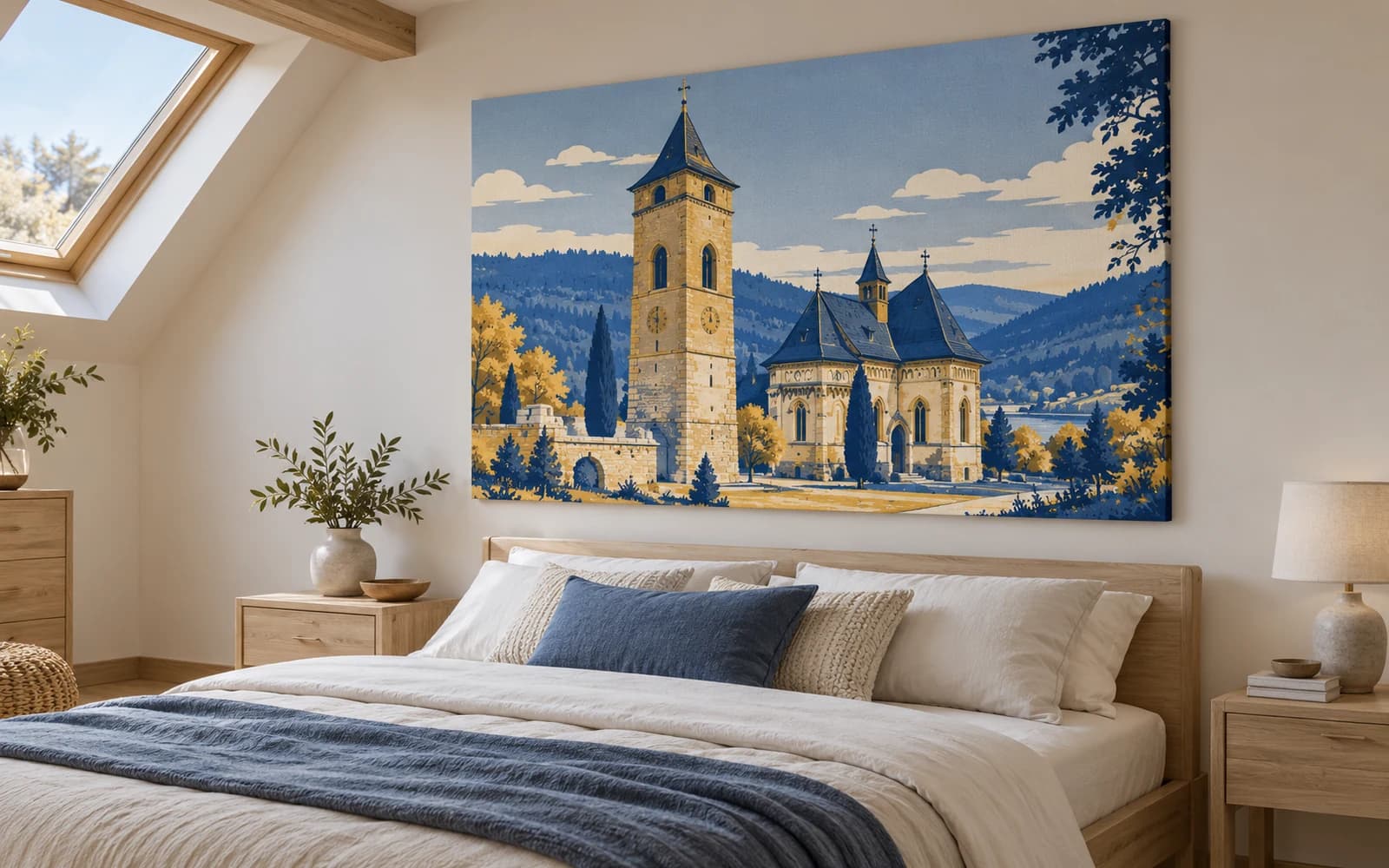 Decor de perete cu ilustrația reperului Turnul lui Ștefan cel Mare, într-un dormitor cu mobilier din lemn.