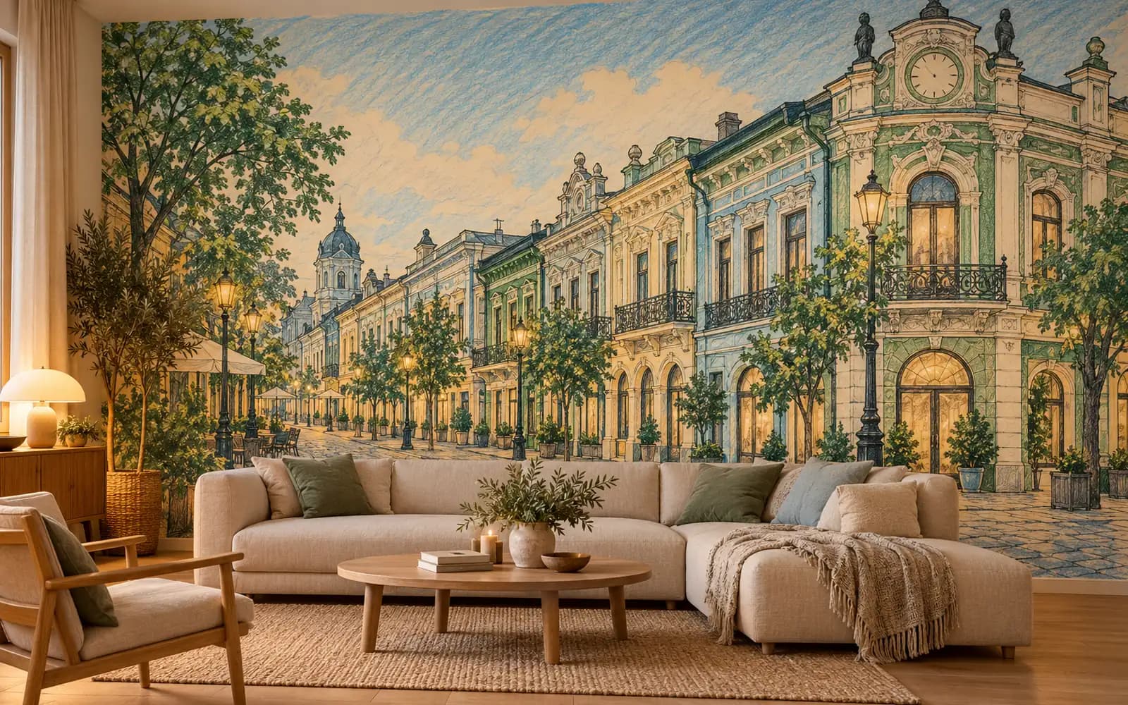 Fototapet cu ilustrația reperului Centrul Vechi, într-un living luminos.