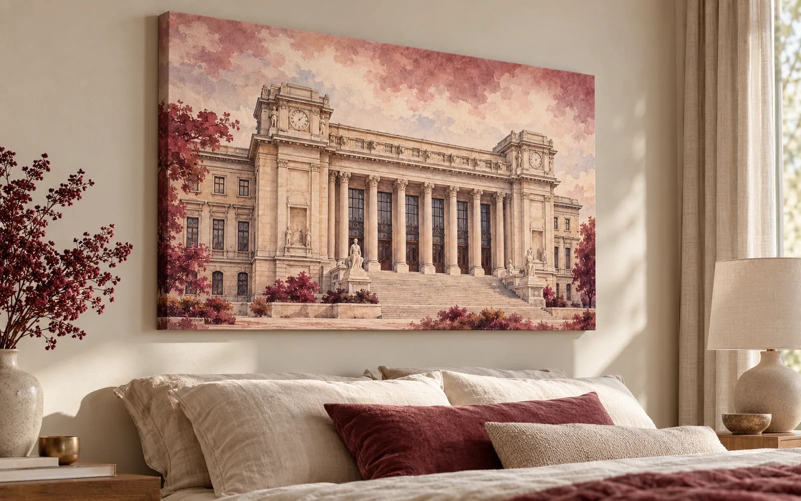 Tablou canvas cu ilustrația reperului Palatul Culturii, într-un dormitor luminos.