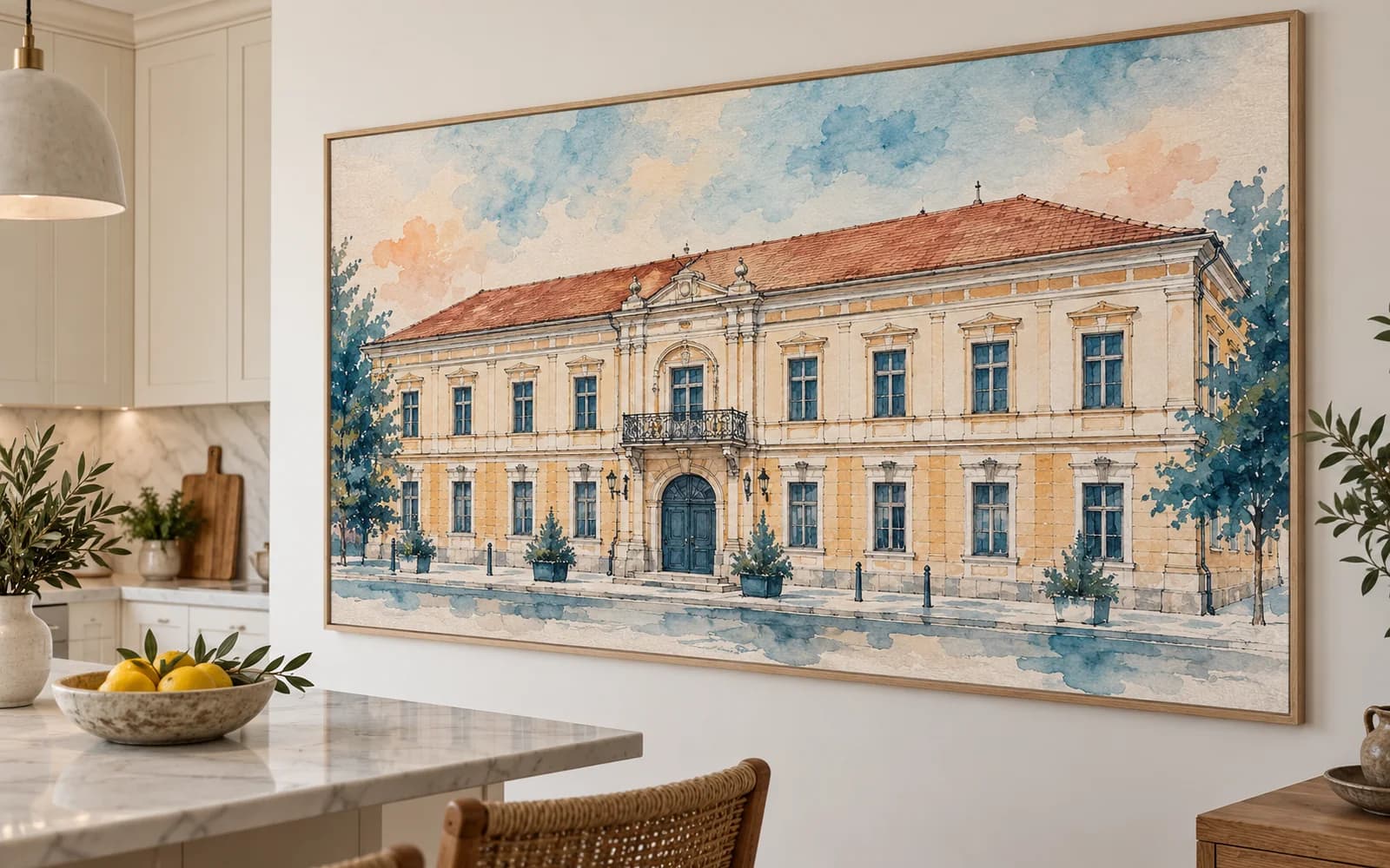 Decor de perete cu ilustrația reperului Clădirea Transilvania, într-o bucătărie modernă.