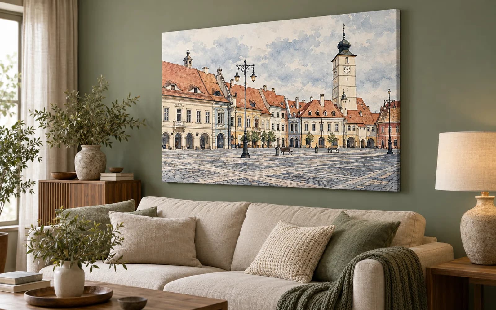 Tablou canvas cu ilustrația reperului Piața Mare, într-un living în tonuri verzi.