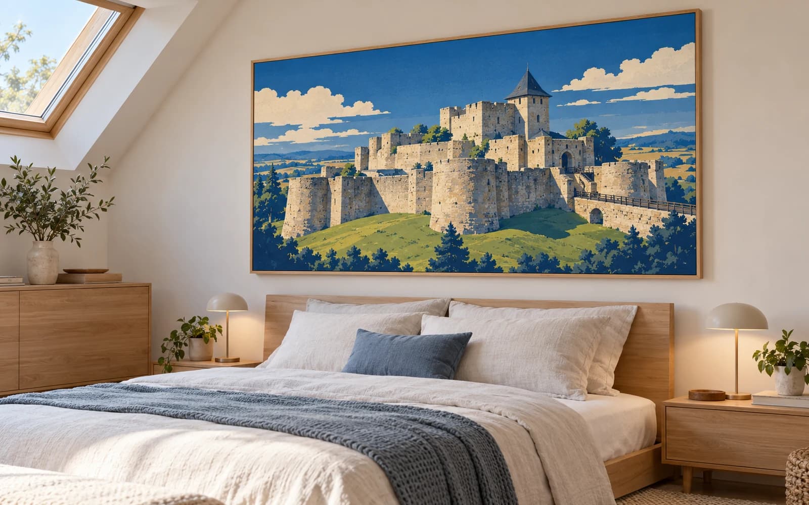 Decor de perete cu ilustrația reperului Cetatea de Scaun, într-un dormitor cu mobilier din lemn.