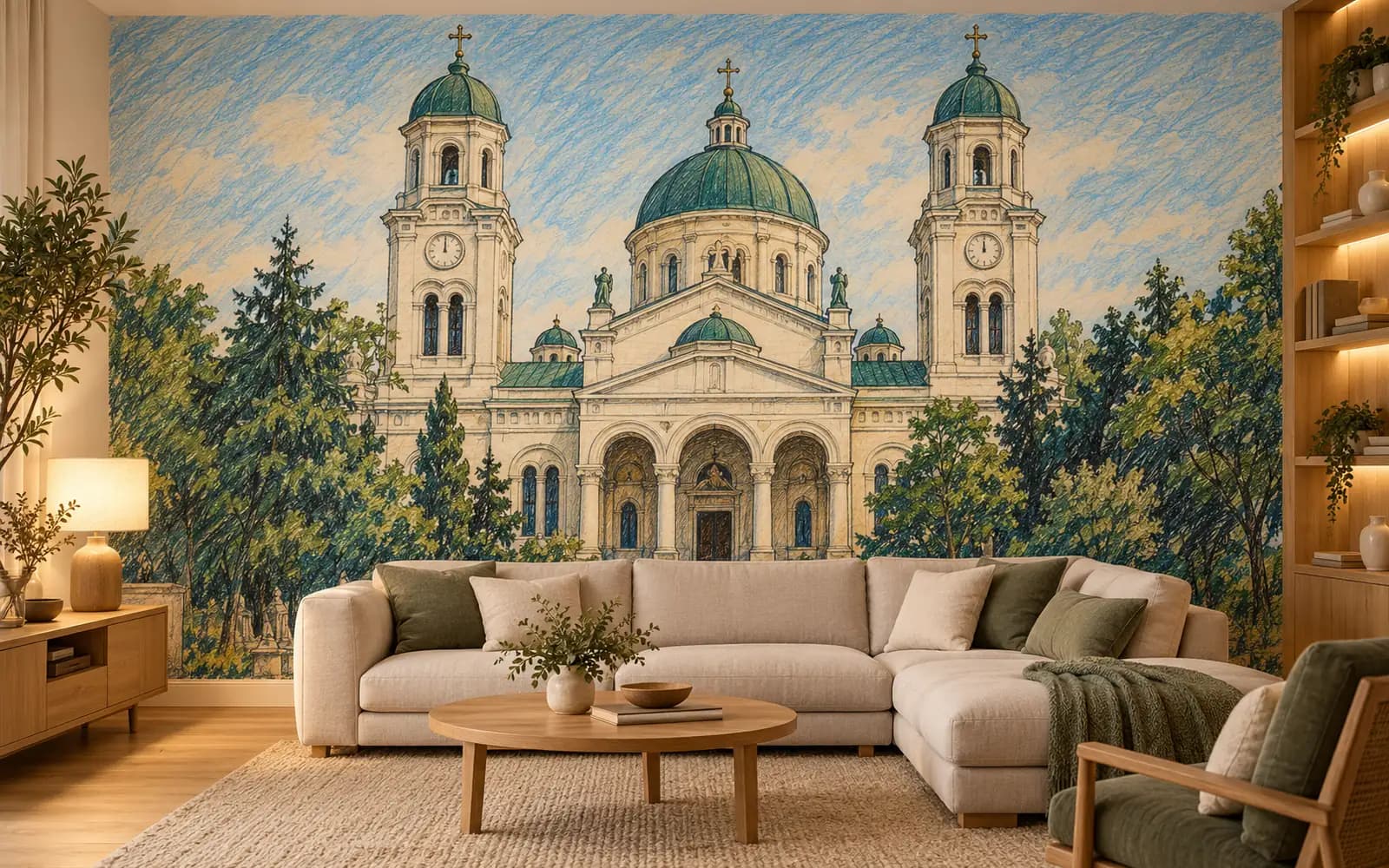 Fototapet cu ilustrația reperului Catedrala Sfântul Alexandru, într-un living luminos.