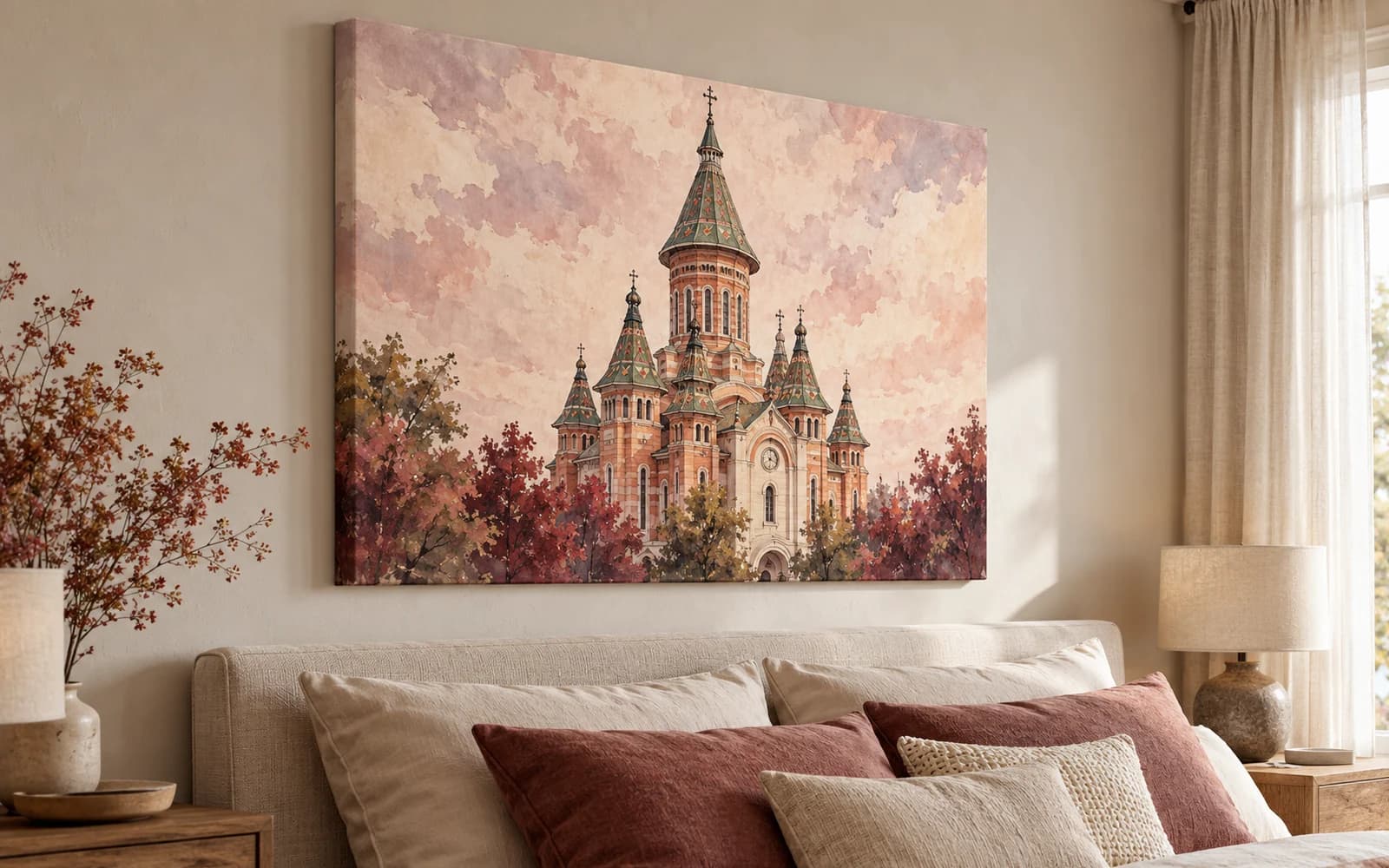 Tablou canvas cu ilustrația reperului Catedrala Mitropolitană, într-un dormitor luminos.
