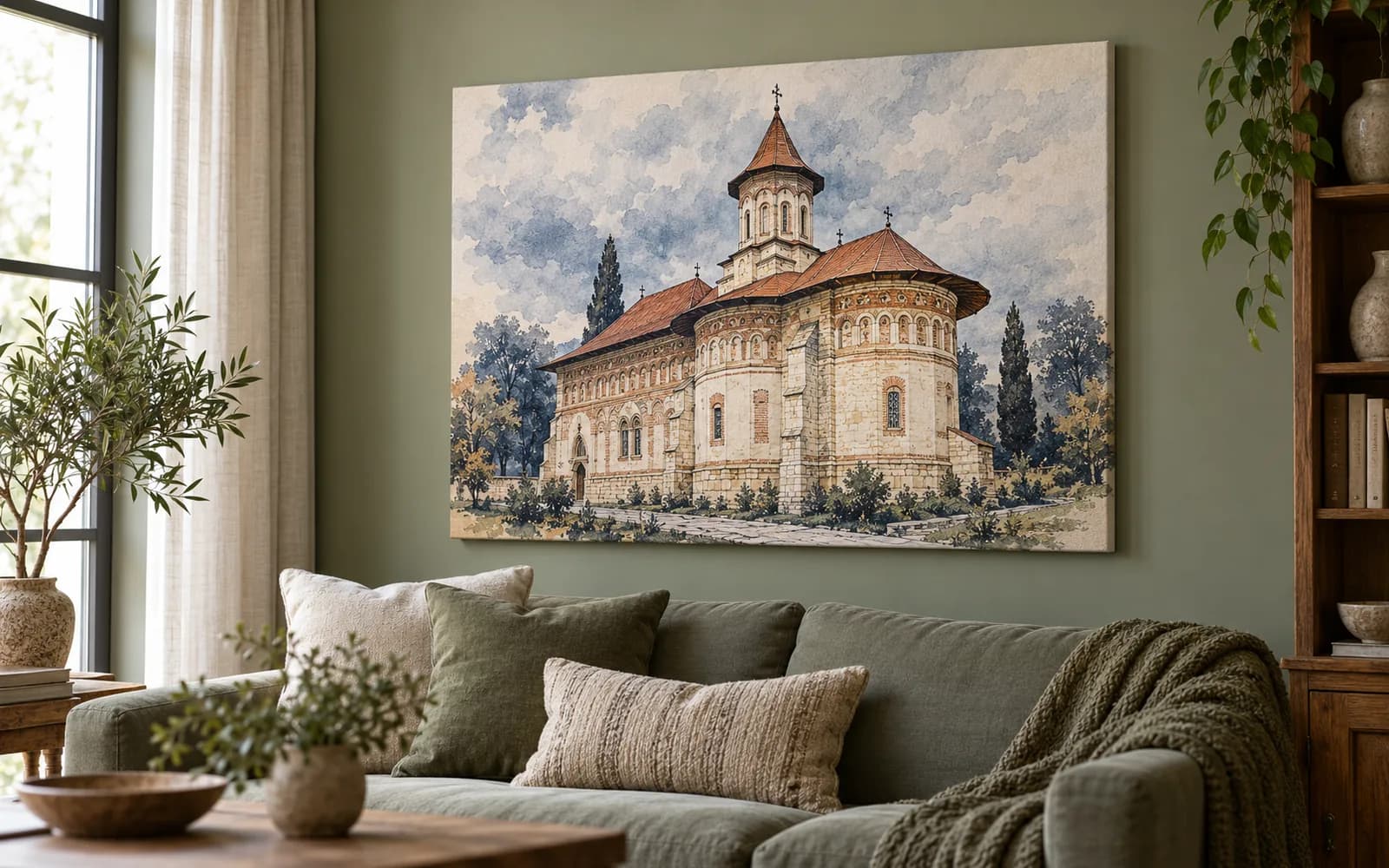Tablou canvas cu ilustrația reperului Biserica Domnească Sfântul Ioan Botezătorul, într-un living în tonuri verzi.