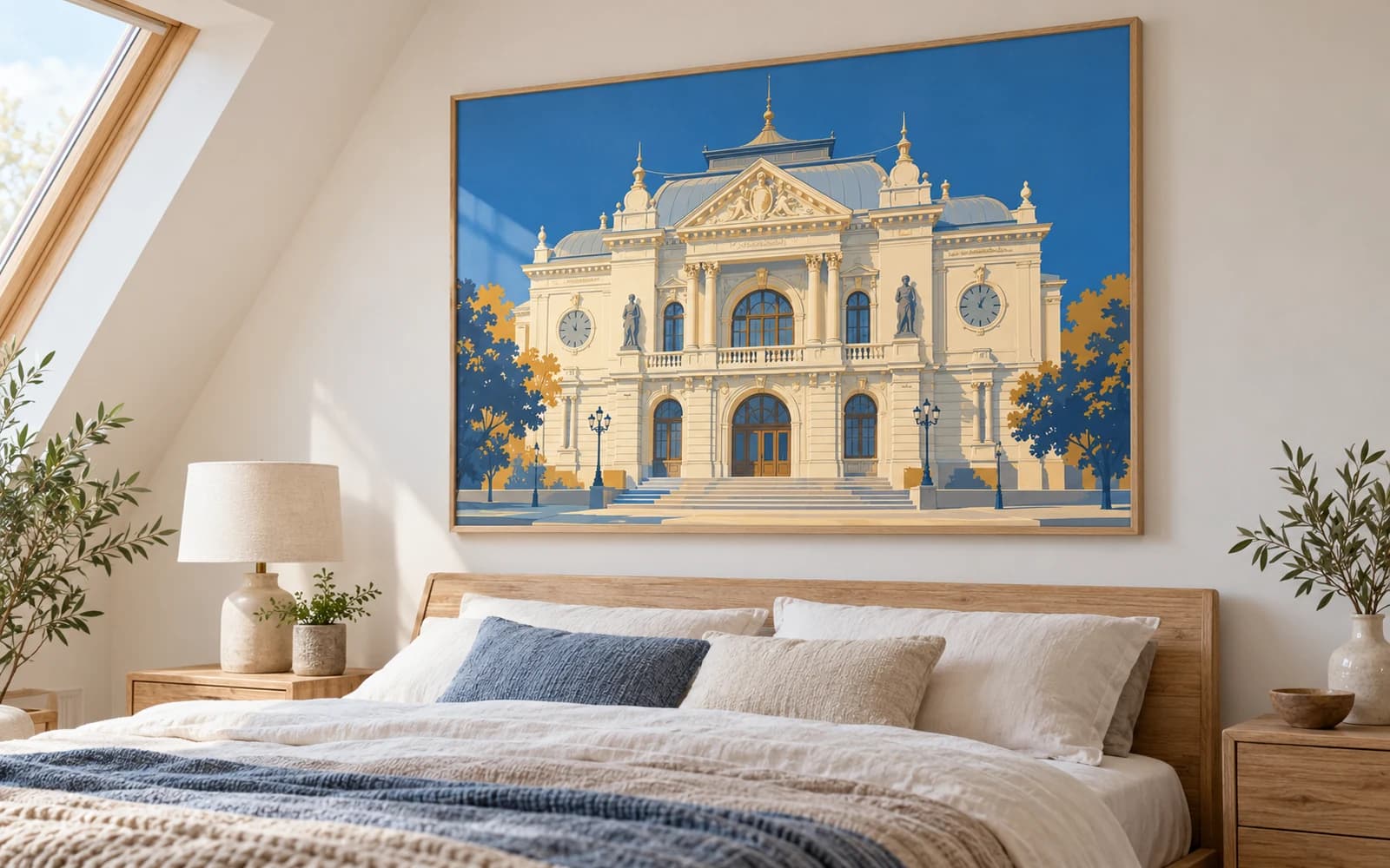 Decor de perete cu ilustrația reperului Teatrul Maior Gheorghe Pastia, într-un dormitor cu mobilier din lemn.