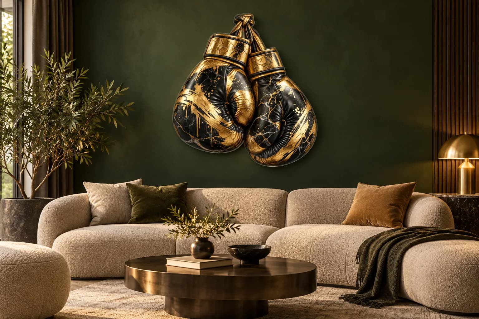 Mănuși de box negre cu auriu, tablou din plexiglas pe peretele unui living (simulare)
