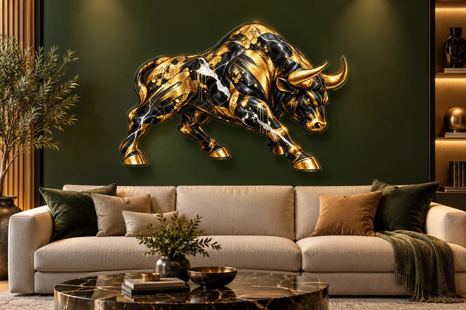 Taur în atac negru cu auriu, tablou din plexiglas pe peretele unui living (simulare)